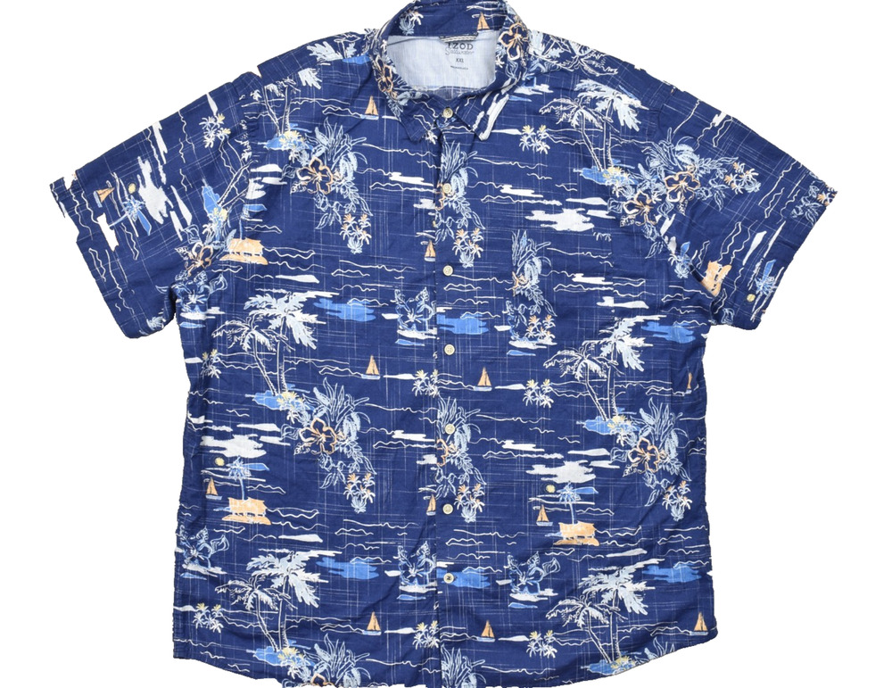 IZOD Saltwater Men XXL Blue Tropical Floral Palm Tree Sailboat Cotton Short Slee